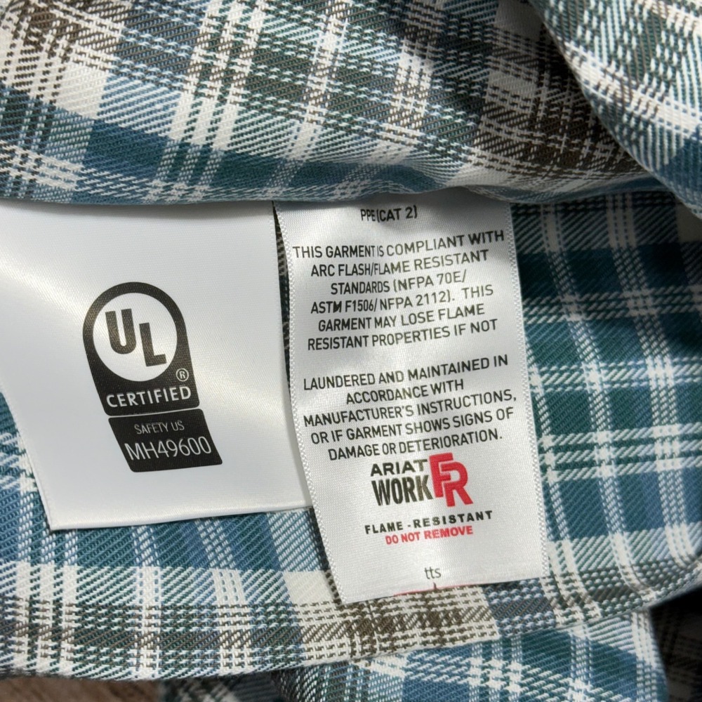 Ariat FR Cobb Work Shirt Mens Large Blue Green Plaid Flame Resistant Snap NEW - Picture 8 of 9